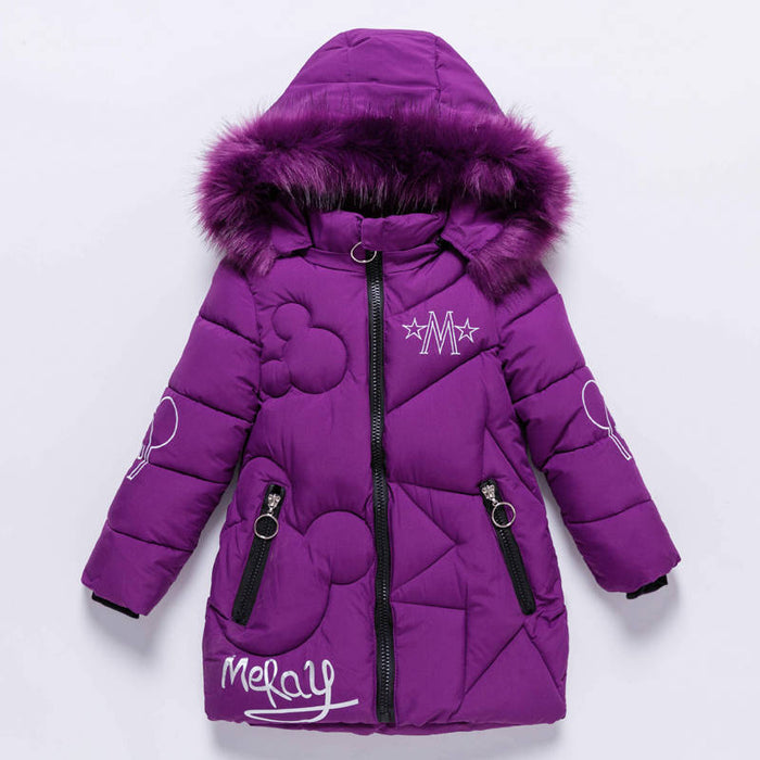 Winter Girl's Thickened Mid-length Children's Large Fur Collar Cotton-padded Jacket