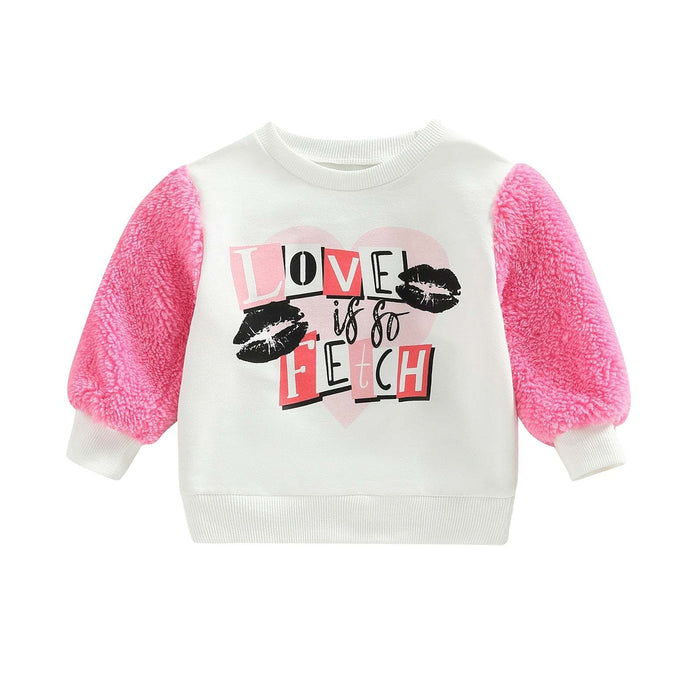 Baby Girl's White Printed English Letters Hit Fur Long Sleeve Cotton Children's T-shirt