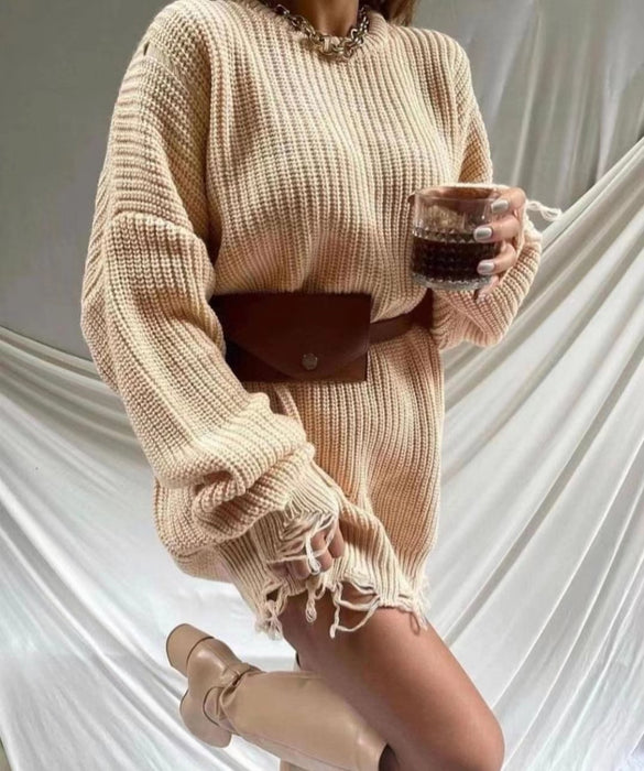 Solid Color Round Neck Long Sleeve Burrs Loose Knitted Pullover