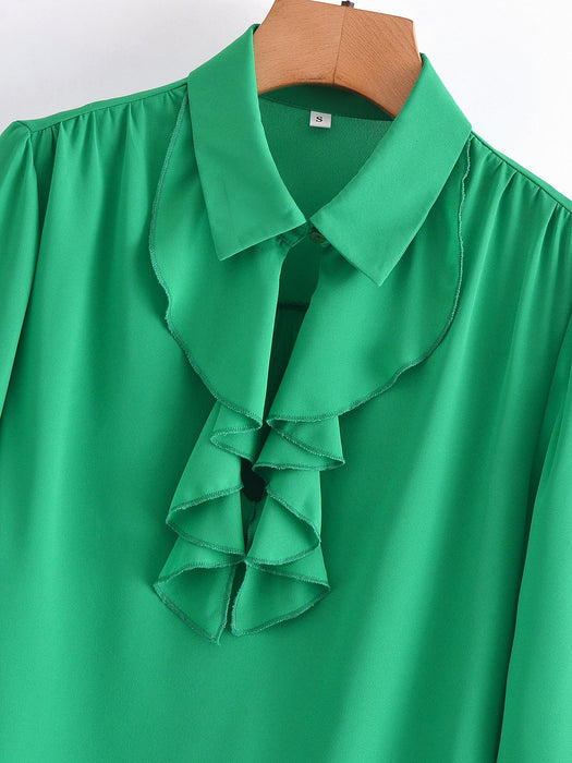 Women's Green Ruffled Lapel Long Sleeve Shirt