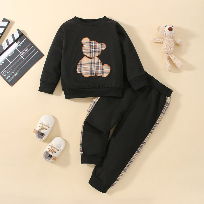 Three Colors Optional New Infant Boys And Girls Autumn Bear Printed Pants Sweater Suit