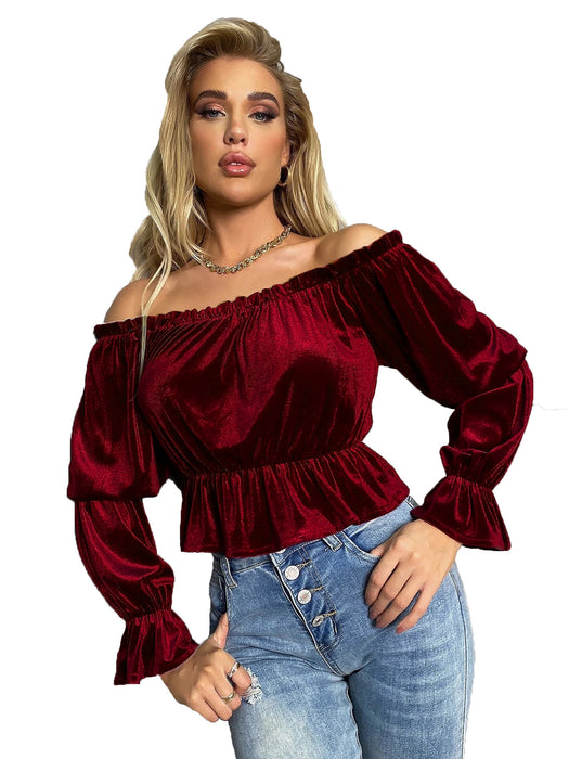 French Style Velvet Long Sleeve T-shirt Top For Women