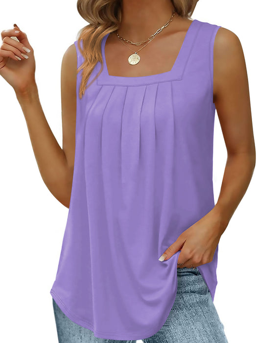 Solid Color Summer Loose Casual Pleated Square Collar Vest Top