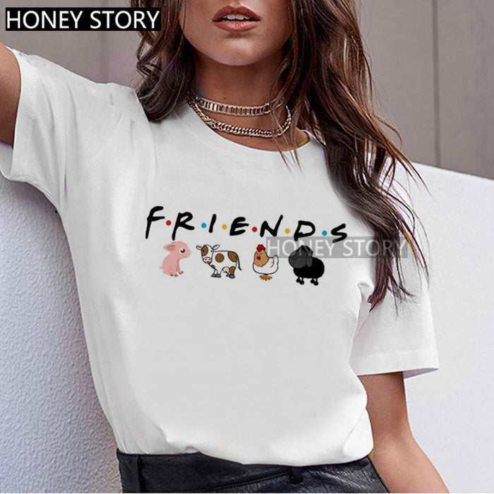 T-shirt Animal Cute Pattern Round Neck White Short-sleeve Top