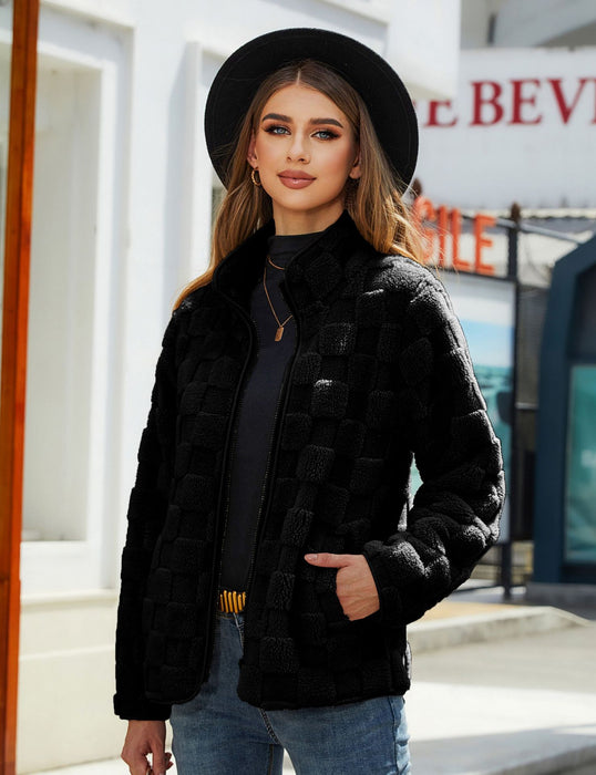 Stehkragen Plüsch Jacke Winter Lange-ärmeln Lose Zipper Strickjacke Mode Einfarbig Schachbrett Design Mantel Frauen Outwear