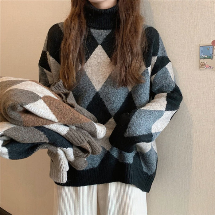 Korean Style Retro Lazy Style Diamond Plaid Colorblock Thick Warm Loose Turtleneck Sweater