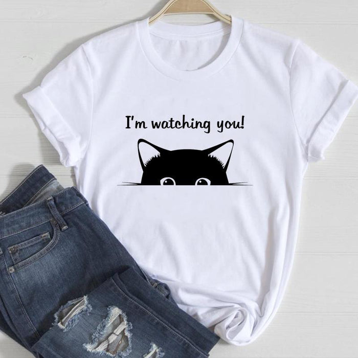 Cat Cute Printed European And American Short Sleeve