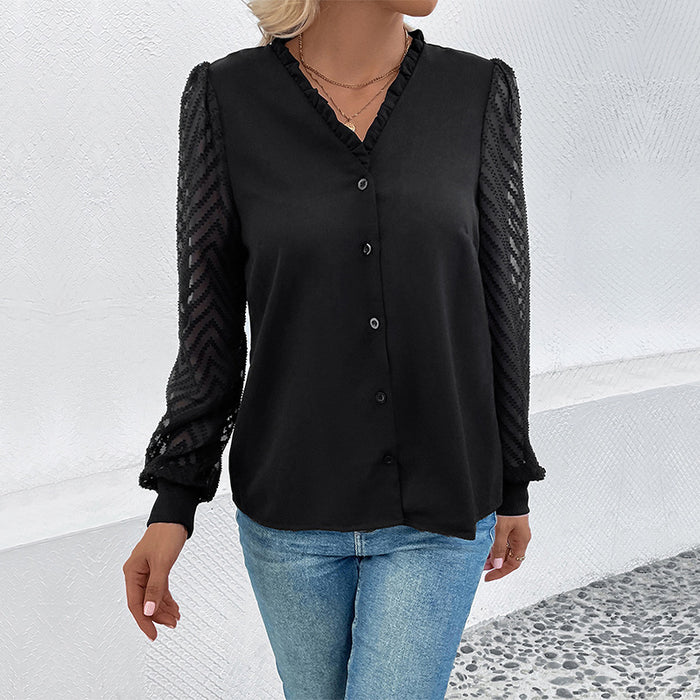 Women's Shirt Lace Stitching Long Sleeve Hot French Style V-neck Buckle Top