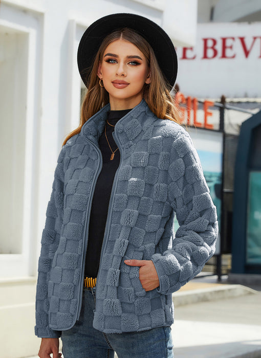 Stehkragen Plüsch Jacke Winter Lange-ärmeln Lose Zipper Strickjacke Mode Einfarbig Schachbrett Design Mantel Frauen Outwear