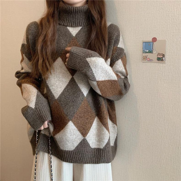 Korean Style Retro Lazy Style Diamond Plaid Colorblock Thick Warm Loose Turtleneck Sweater