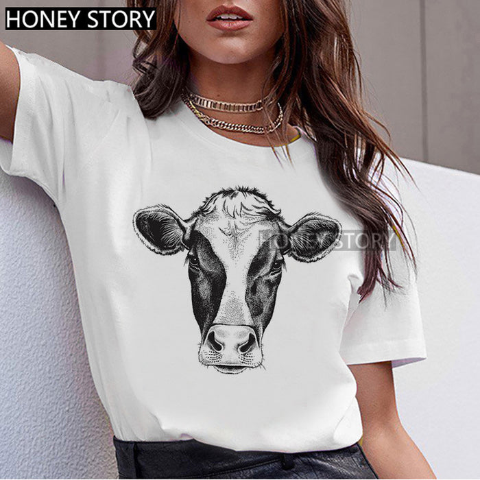 T-shirt Animal Cute Pattern Round Neck White Short-sleeve Top