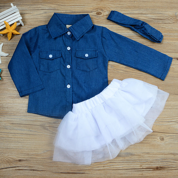 Girls denim jacket mesh skirt three-piece mesh long sleeve skirt suit