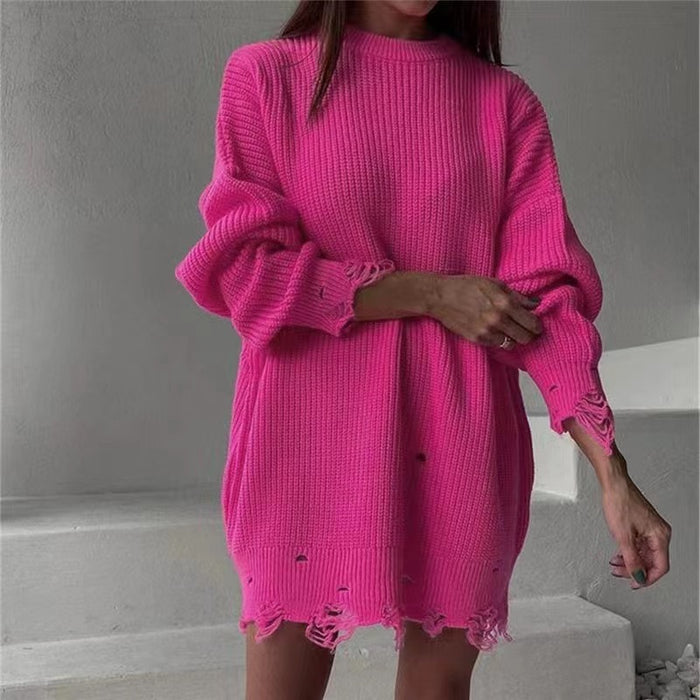 Solid Color Round Neck Long Sleeve Burrs Loose Knitted Pullover