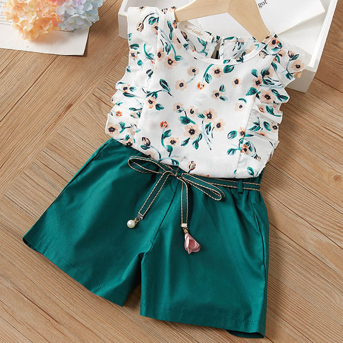 Girls fashionable short sleeve + shorts two-piece suit