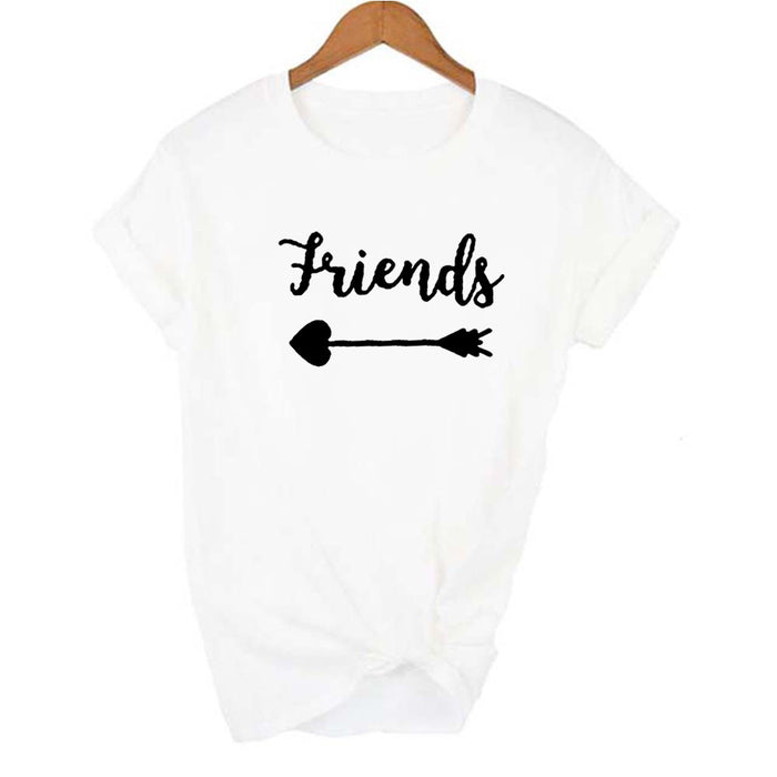 Good Friend Girlfriends Letter Print White Round Neck Short Sleeve Loose Women's T-shirt