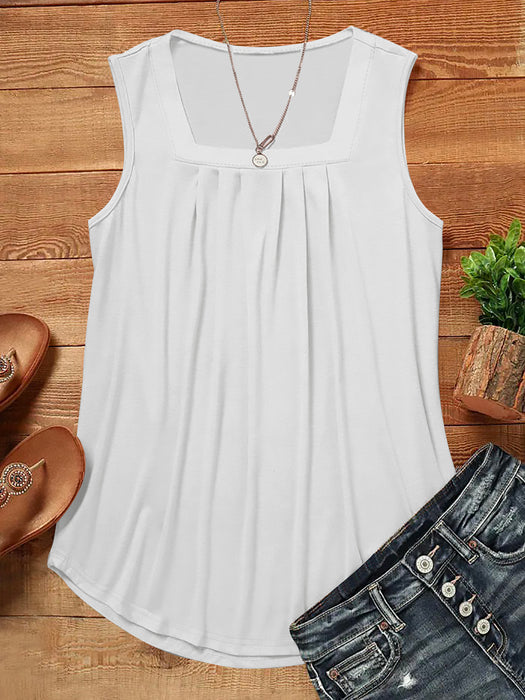 Solid Color Summer Loose Casual Pleated Square Collar Vest Top