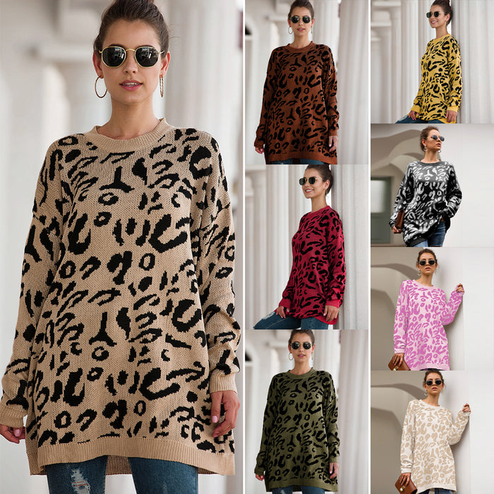 Loose leopard print sweaters with long sleeves