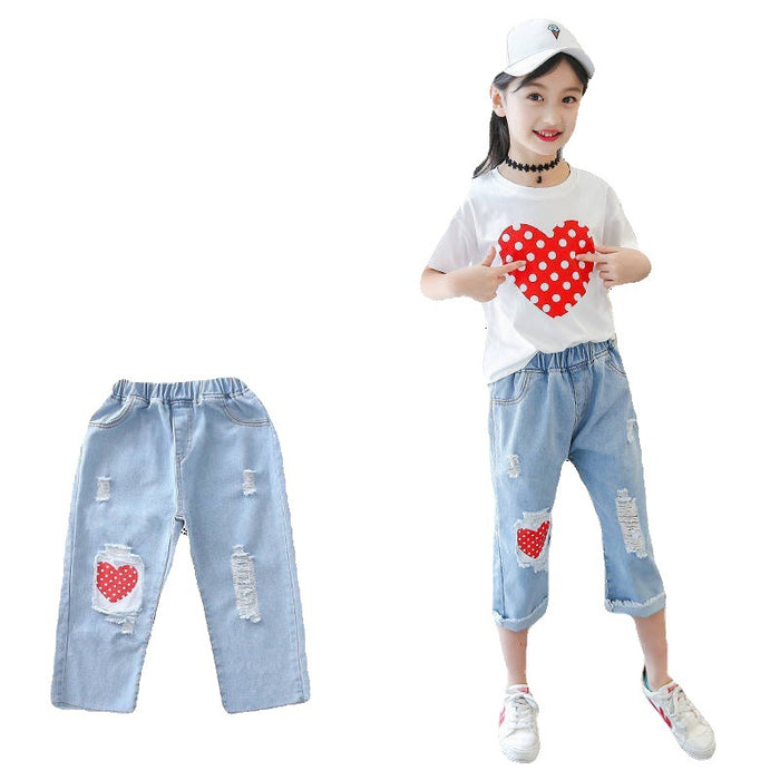 Girls White T-shirt Ripped Jeans Kids Suit