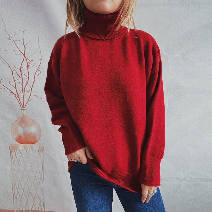 Top Solid Color Turtleneck Long Sleeve Sweaters Pullover Women