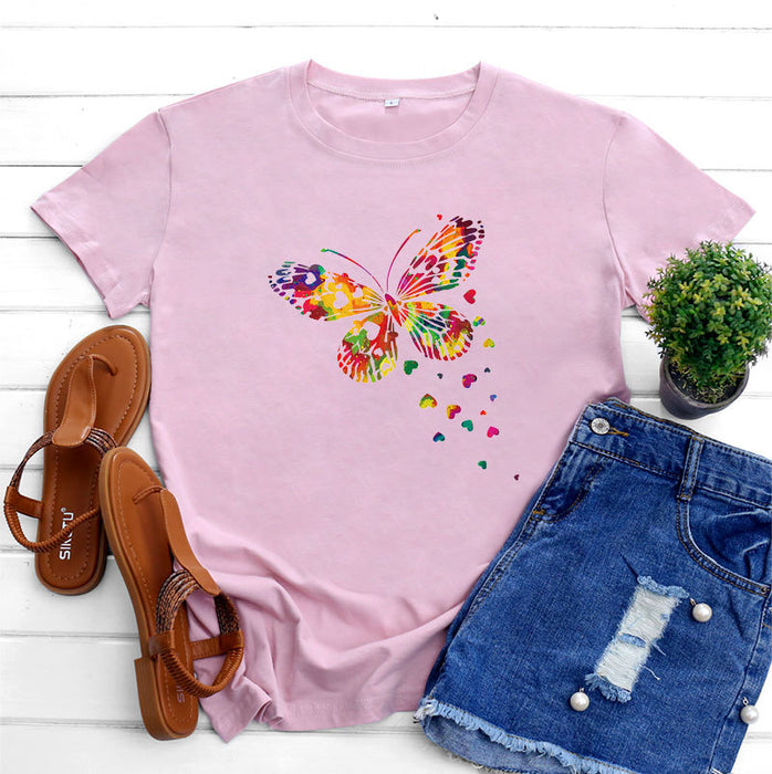 Women's Fashion Casual Heart Butterfly Printed Cotton Round Neck Short Sleeve