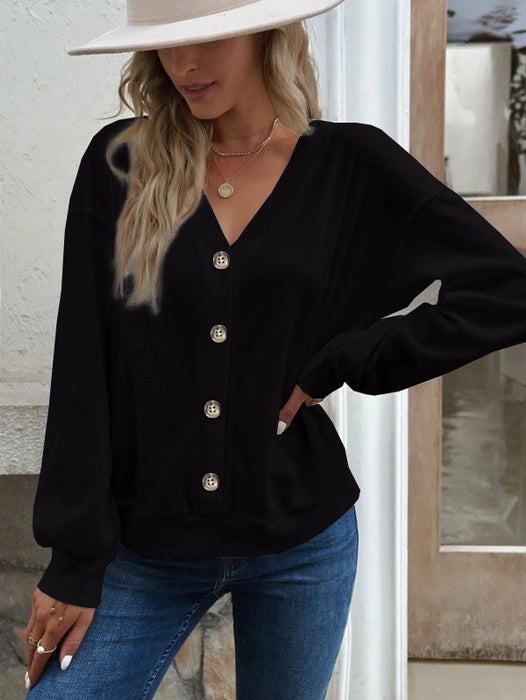 Solid Color Buttons V-neck Loose Long-sleeved T-shirt