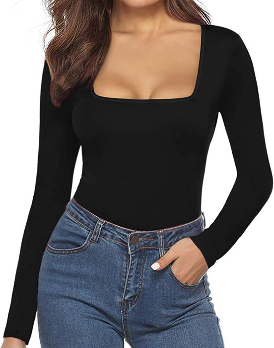 Women's Square Collar Long Sleeve Bottoming Open-end Jumpsuit