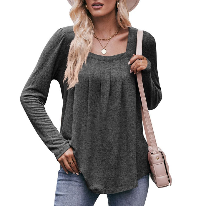 Casual Puff Sleeve Square Collar Pleated Long Sleeve