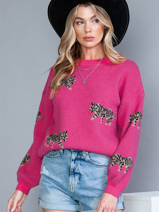 Long Sleeve Personalized Animal Print Pullover Sweater