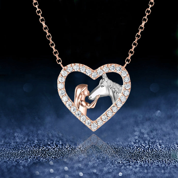 Fashion Heart-shaped Full Diamond Girl And Horse Necklace Fashion Color Separation Pendant