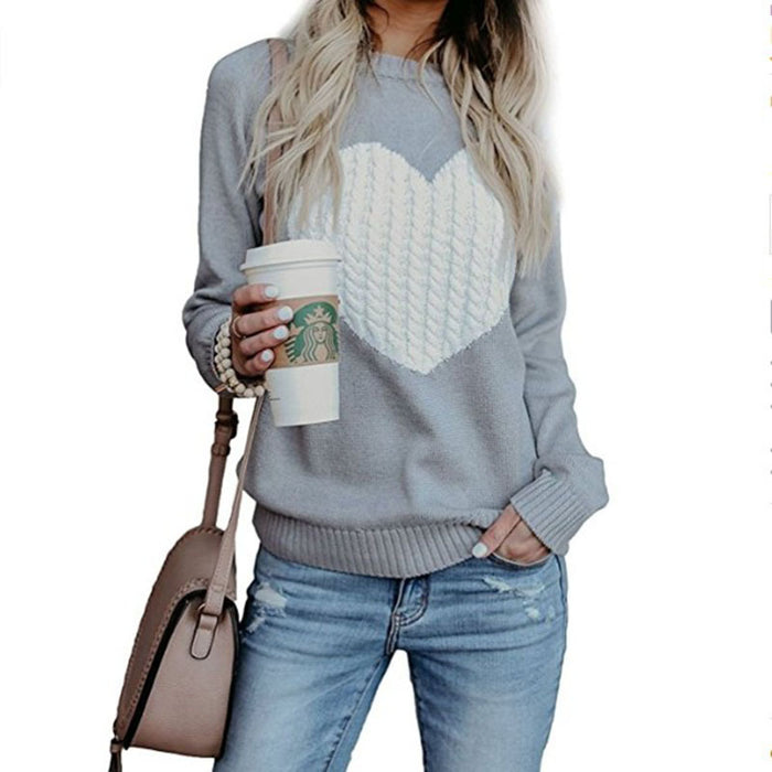 Autumn Winter Women Sweaters Heart Pattern Printed Long Sleeve Tops O-Neck Lovely Pullovers Knitted Loose Sweaters Tops