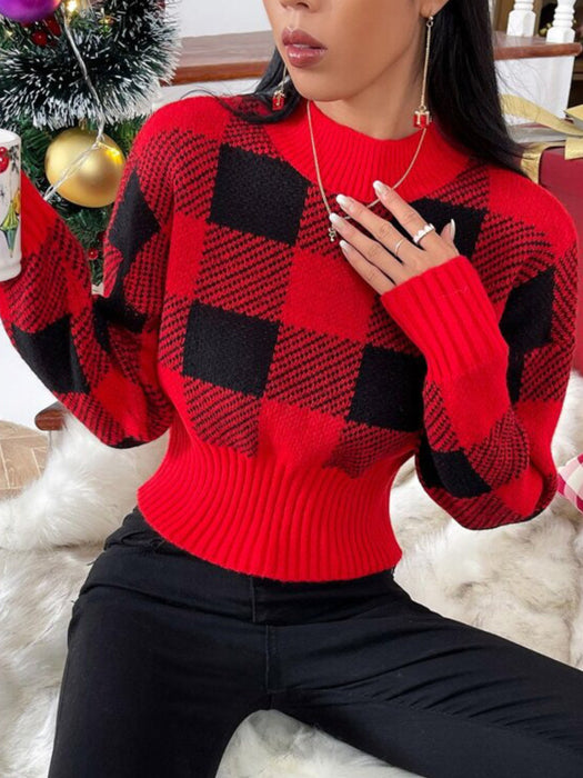 Round Neck Loose Jacquard Plaid Fashion Sweater