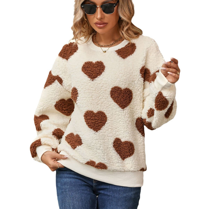 Female Plush Loving Heart Printed Loose Long Sleeves Crew Neck Pullover Sweatshirt