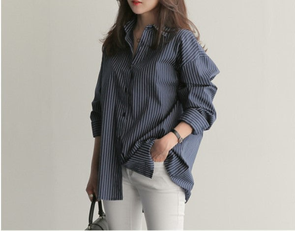 Women's Casual Bottoming Plus Size Loose Striped Shirt