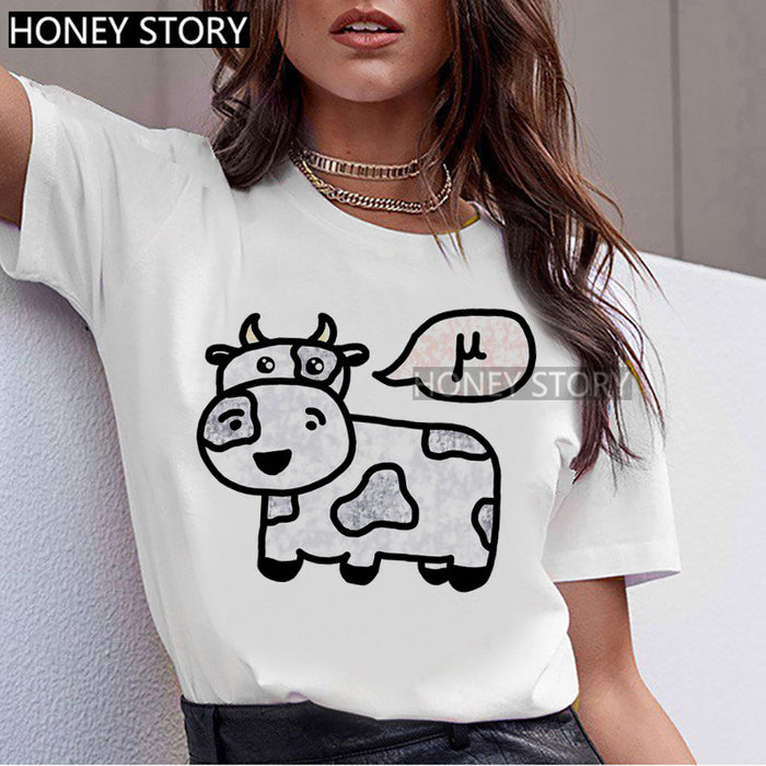 T-shirt Animal Cute Pattern Round Neck White Short-sleeve Top