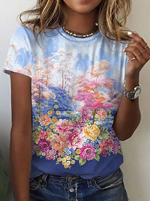 Floral Print Round Neck Short Sleeve T-shirt For Women Summer