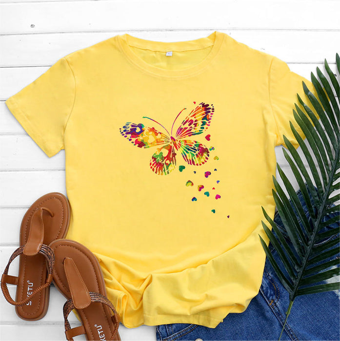 Women's Fashion Casual Heart Butterfly Printed Cotton Round Neck Short Sleeve