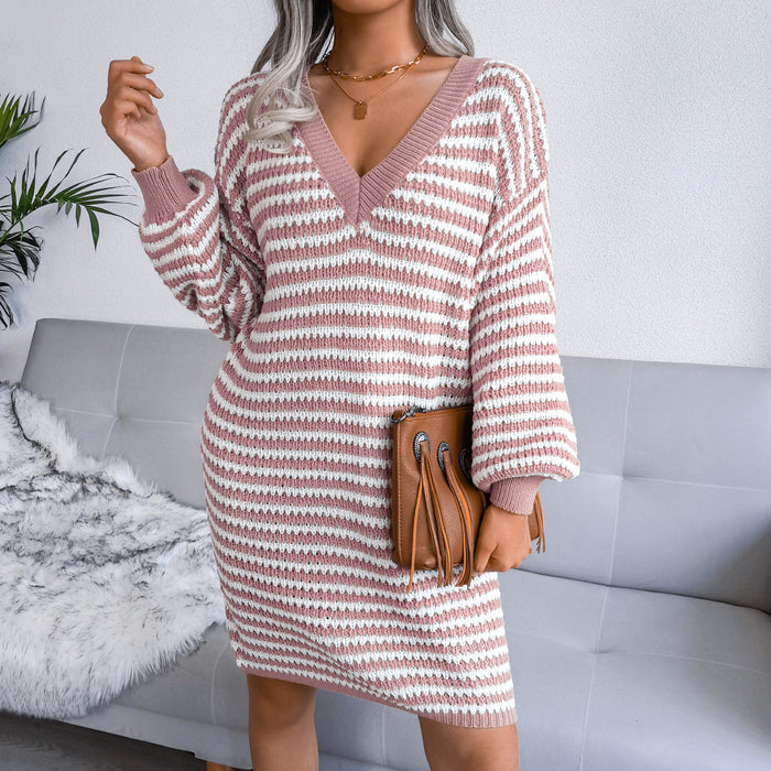 Ins Striped Sweater Dress V-neck Long Sleeve Dresses For Women