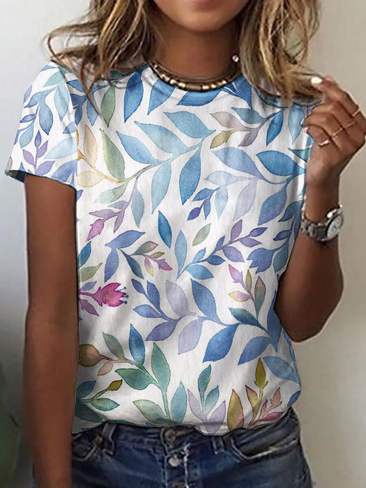 Floral Print Round Neck Short Sleeve T-shirt For Women Summer