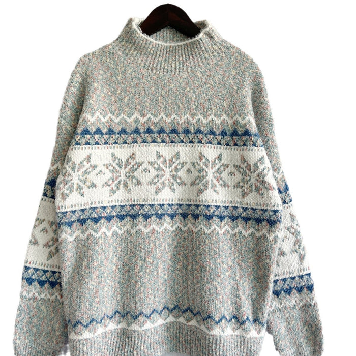 Chenille Thickened Snowflake Pattern Half-high Collar Long Sleeves Knitted Sweater