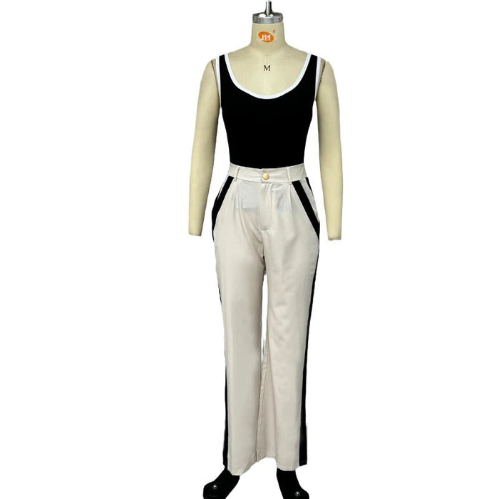 Autumn New Contrast Color Suspenders Slim High Waist Trousers Two-piece Set For Women