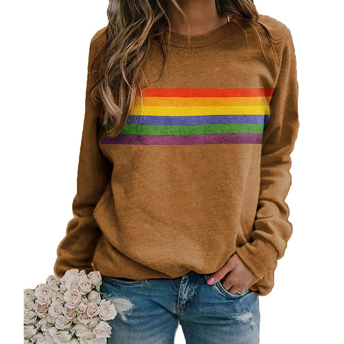 Color Striped Print Round Neck Pullover Long Sleeve Sweater