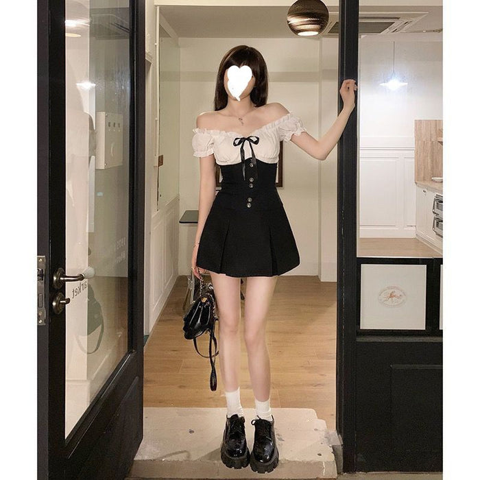 Off-shoulder Puff Sleeve Top Women's Waist Pleated Skirt Two-piece Set