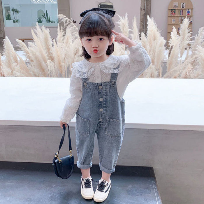 Girls Denim Overalls And Lace Shirt Two-piece Suit