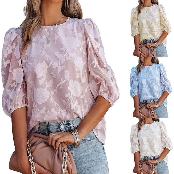 Women's Puff Sleeve Chiffon Loose Top Flower Texture Shirt