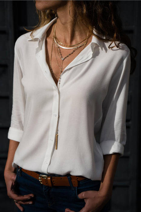 Autumn And Winter Women Long Sleeve  Deep V Button Chiffon Shirt