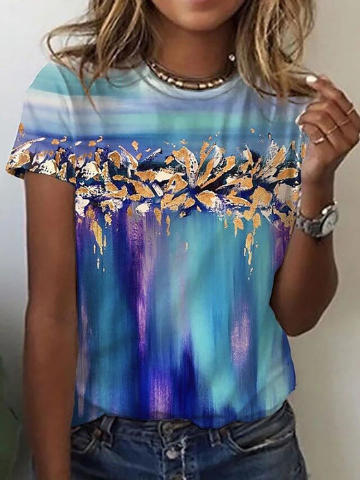 Floral Print Round Neck Short Sleeve T-shirt For Women Summer