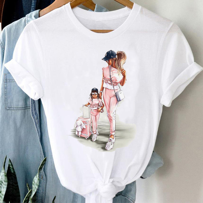 Mother's Day Theme Loose Cartoon Half Sleeve Cute Short Sleeve T-shirt Woman