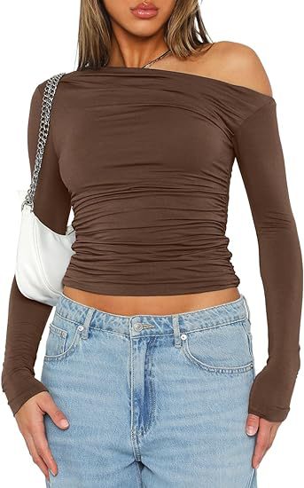 Women's Shoulder Asymmetric Solid Color Top Long Sleeve