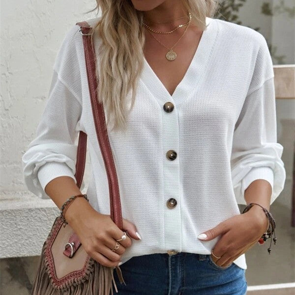 Solid Color Buttons V-neck Loose Long-sleeved T-shirt