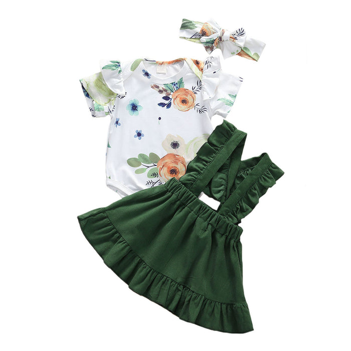 Three-piece Set Of Short-sleeved Flower Blouse, Suspender Skirt And Headband